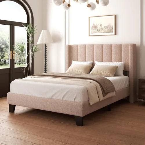 Miniatura 13 de Marco de Cama Queen con Cabecero Tapizado Marco de Cama de Plataforma con Cabecero de Terciopelo Teddy, Soporte de Listones de Madera/Diseño de Gris
