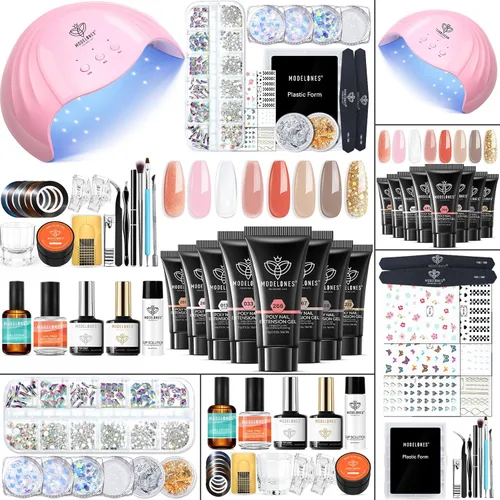 Miniatura 10 de Modelones Kit de uñas de polygel de 133 piezas, kit de gel para extensiones de uñas de 32 colores en primavera rosa pastel con lámpara de uñas, capa