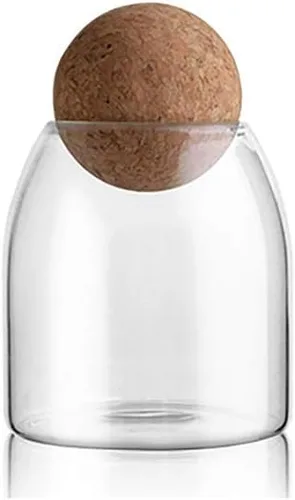MOLFUJ Frasco de almacenamiento de vidrio de 550ML/18Oz con corcho de bola, lindo frasco organizador decorativo con tapa de madera hermética para