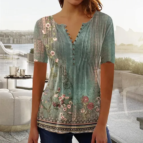 Miniatura 54 de Summer Shirts for Women 2025 Plus Size Short Sleeve Henley Tops Marble Floral Loose Tshirt Tee Casual Dressy Tunics