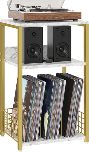 Miniatura 16 de LELELINKY Mesa auxiliar, mesita de noche de mármol blanco con marco de metal dorado, soporte de madera industrial de 3 niveles con estante