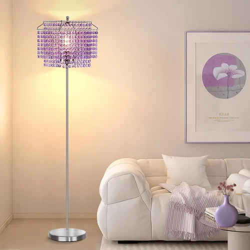 Lámpara de pie de cristal morado, lámparas de pie de 64 pulgadas de alto con pantalla de doble capa, elegante lámpara de pie con interruptor de pie