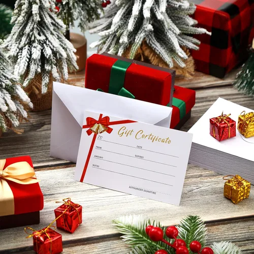 Miniatura 5 de Spiareal 50 juegos de certificados de regalo de Navidad en blanco con 50 sobres de regalo a juego, cinta roja de 3.5 x 5.5 pulgadas, tarjetas