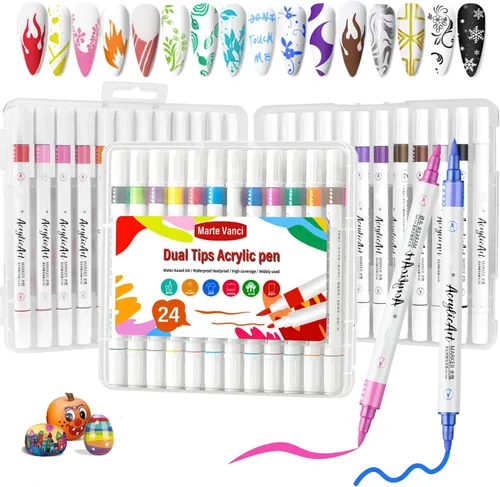 Marte Vanci Bolígrafos de pintura acrílica, 24 colores de doble punta para arte de uñas, marcadores de pintura acrílica con punta fina para belleza