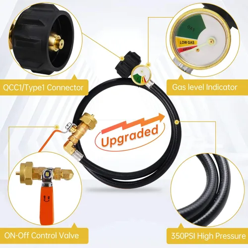 Miniatura 3 de Adaptador de recarga de propano, tanque de 1 libra, latón, conector QCC1, manguera de 36 pulgadas, 350 PSI, plata, 1 paquete
