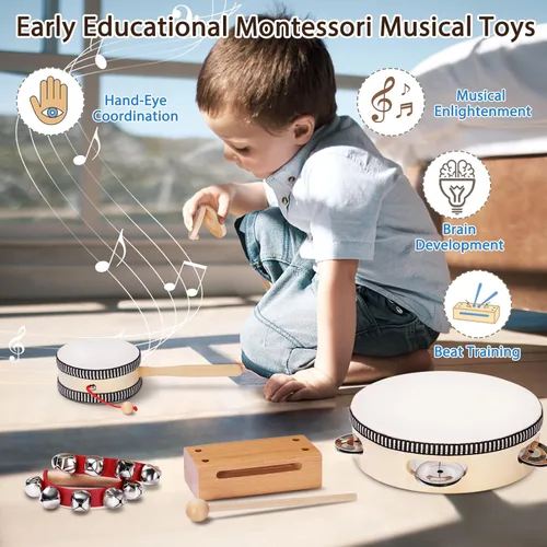 Miniatura 5 de LOOIKOOS Instrumentos musicales Montessori para niños pequeños, instrumentos de percusión de madera natural para niños preescolares, juguetes El