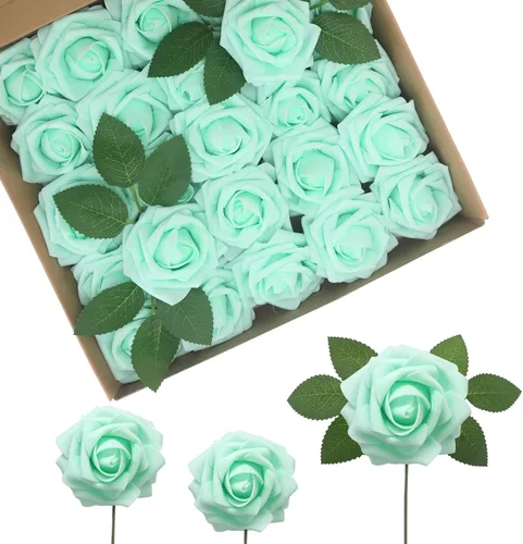 Miniatura 21 de Flores Artificiales Rosas Realistas, 50 piezas de rosas falsas con tallo de aspecto real para ramos de boda DIY, centros de mesa, despedida