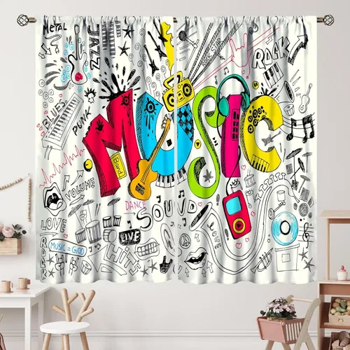 Miniatura 38 de Cortinas de notas musicales, rústicas, mágicas, notas musicales, arte retro, piano y violín, cortina con bolsillo para barra para dormitorio, sala