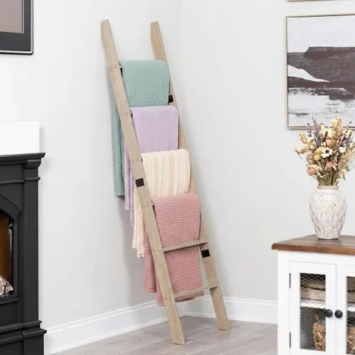 Escalera para manta para sala de estar y dormitorio, 5 pies y 8 pulgadas, 6 niveles laminados inclinados para pared, construcción sin enredos (roble