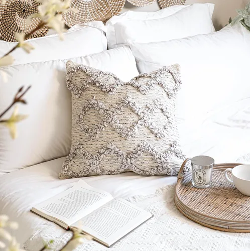 Miniatura 3 de BlissBlush Fundas de Almohada Decorativas Boho Beige Marrón 18X18, Funda de Almohada de Acento Bohemio, Funda de Almohada con Textura