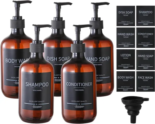 Paquete de 5 Botellas de Ducha Ámbar Recargables con Etiquetas, 16.9oz (500ml) Botellas Reutilizables para Champú y Acondicionador, Botellas