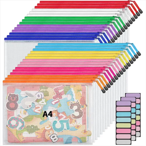Miniatura 13 de JARLINK Paquete de 36 unidades tamaño carta A4 10 colores con cremallera de malla para documentos, bolsas de malla para juegos de mesa