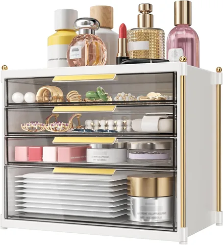 Miniatura 8 de Aveniee Organizador de maquillaje con 4 cajones, organizadores y almacenamiento de baño, contenedores de plástico para encimera, perfumes, tocador