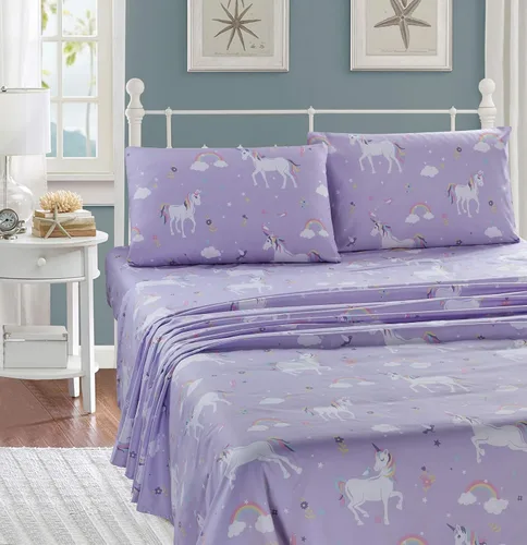 Miniatura 2 de Linen Plus Juego de sábanas para niños/adolescentes, unicornio, pájaro, estrella, flor, nube, lila, morado, rosa, amarillo, blanco, nuevo # lila