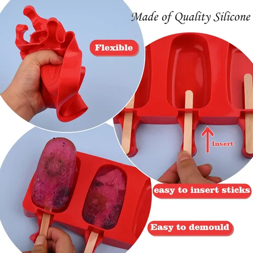 Miniatura 3 de WMKGG Juego de moldes de silicona para paletas, 2 moldes de helado con 50 palos de madera para cake pop, Ice Pop, Cakesicles (tamaño estándar/rojo)