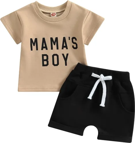 Miniatura 20 de Conjunto de traje de verano para bebé niño pequeño, manga corta, cuello redondo, letras impresas, lindo traje de verano, conjunto de 2 piezas