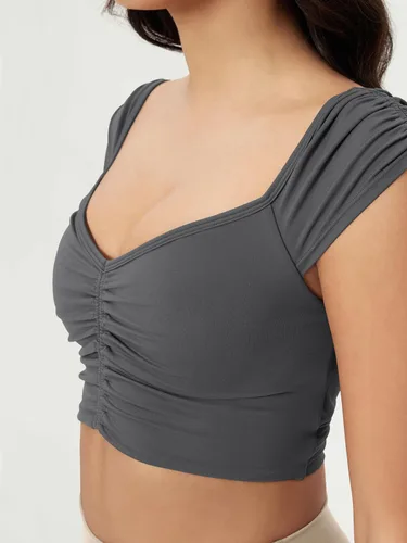 Miniatura 38 de ODODOS Camiseta corta sin mangas con cuello en V y frente fruncido para mujer, recortada en la espalda, manga casquillo
