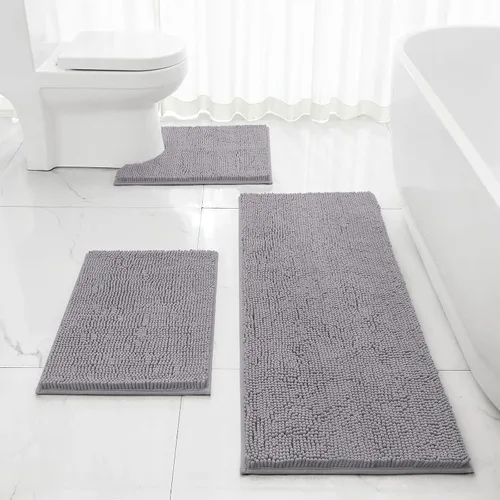 Miniatura 27 de HOMEIDEAS Juego de 3 alfombras de baño, ultra suaves, antideslizantes, absorbentes, de chenilla, juego de alfombrillas de baño para inodoro (beige)