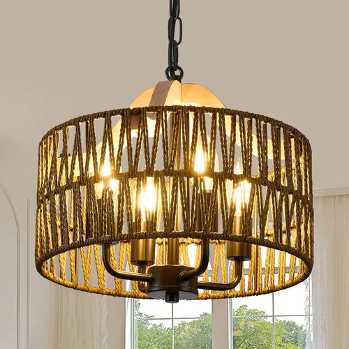 Lámpara antigua para comedor, lámpara colgante de ratán de 4 luces con pantalla de tambor, luz colgante de techo de mimbre tejida ajustable, lámpara