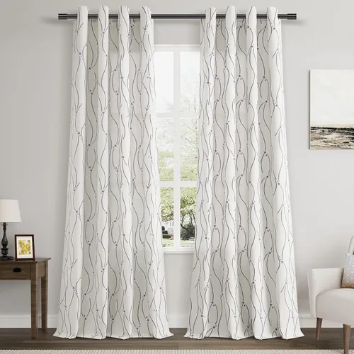 Miniatura 25 de Joywell Cortinas jacquard con ojales para sala de estar, 108 pulgadas de largo, línea ondulada negra con patrón de puntos, cortinas bordadas