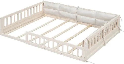 Miniatura 5 de Cama de plataforma de tamaño matrimonial con valla, plataforma tapizada de madera con barandilla y almohada, color beige