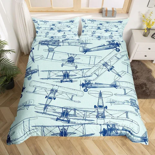 Miniatura 18 de Feelyou Juego de ropa de cama de avión, tamaño individual, para niños, adolescentes, funda de edredón para vuelo, helicóptero, avión volador, azul