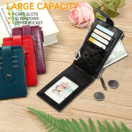 Miniatura 2 de Huztencor Tarjetero de crédito para mujer, cartera pequeña RFID para mujer, delgada, funda para tarjetas con cremallera múltiple con llavero