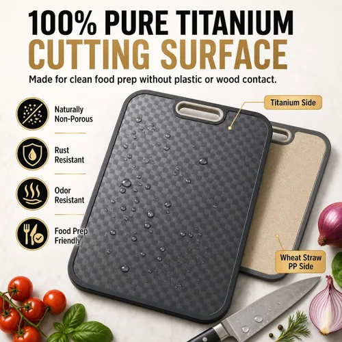 Miniatura 4 de Tabla de cortar de titanio para cocina, tabla de cortar de doble cara de grado alimenticio, titanio puro y paja de trigo PP, resistente a