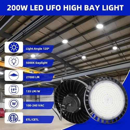 Miniatura 2 de hykolity Luz LED de alta bahía de 200 W, 5000 K UFO LED de alta bahía con enchufe estadounidense [equivalente a 600 W MH/HPS] 100-277 V, 26,000 lm