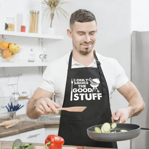 Miniatura 5 de Delantal divertido para hombres – I Only Smoke The Good Stuff – Delantal de cocina humorístico con 2 bolsillos y correa ajustable para el cuello