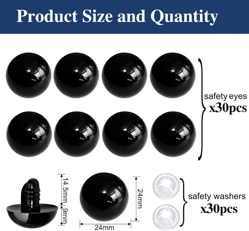 Miniatura 3 de Thalinfayi - 60 ojos de seguridad y arandelas seguras para ganchillo Amigurumi - Ojos de seguridad de plástico grandes negros de 0.94 pulgadas, ojos