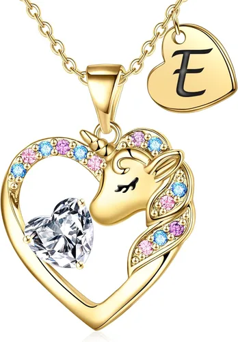 IEFRICH Regalos de unicornios para niñas y niños, collar de corazón, collares de unicornio para niñas, collares con iniciales, joyería de unicornio,