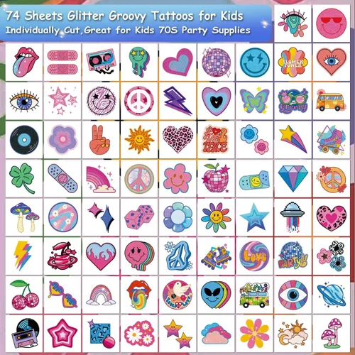 Miniatura 2 de CHARLENT Tatuajes temporales con purpurina Groovy de los años 70 para niños, 74 hojas individuales con purpurina retro Flower Power, decoración