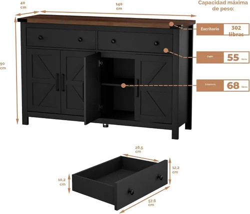 Miniatura 3 de VVFLU - Gabinete de aparador buffet de 55" con almacenamiento, gabinete de barra de café con 2 cajones y 4 puertas de granero, gabinete