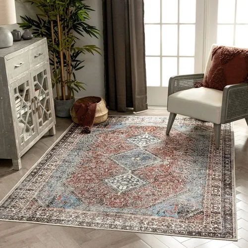 Miniatura 14 de Amesti - Alfombra tejida a máquina, lavable, diseño contemporáneo abstracto envejecido, estilo persa
