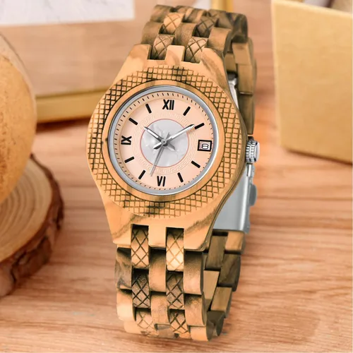 Miniatura 2 de Reloj ligero de cuarzo de madera para mujer, reloj analógico de cuarzo, correa de madera con cierre plegable, relojes de madera para mujer