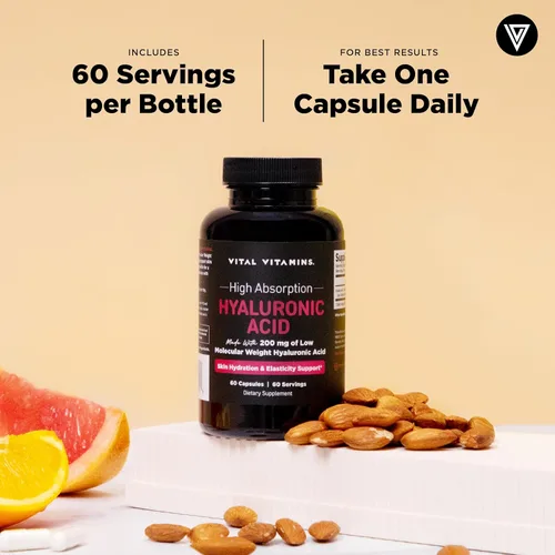 Miniatura 7 de Vital Vitamins Suplementos de ácido hialurónico - Hecho con 200 mg de ácido hialurónico de bajo peso molecular - Apoya la hidratación y elasticidad