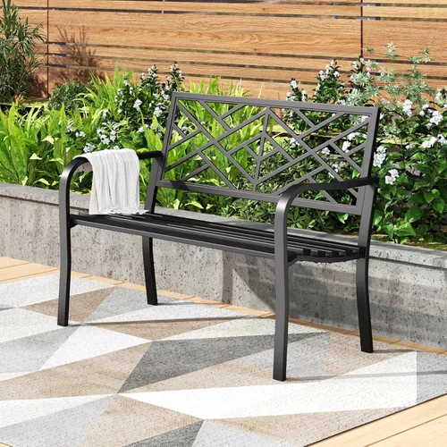 Miniatura 10 de PHI VILLA Banco de jardín al aire libre con marco de acero fundido de 43 pulgadas, muebles de patio con respaldo de diseño floral, asiento