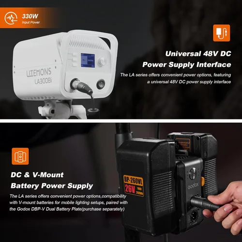 Miniatura 5 de Godox LA300Bi COB LED luz de video con bolsa de transporte 330W bicolor 2800K-6500K 127000Lux @3.3 ft 11FX efecto Bowens montaje luz continua