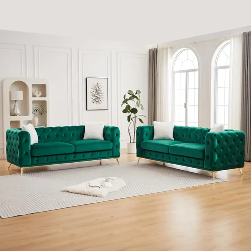 Miniatura 18 de KEIKI Sofá Chesterfield de terciopelo de lujo de 61 pulgadas con 2 almohadas, estilo mediados de siglo con botones copetudos de 2 plazas con cojines
