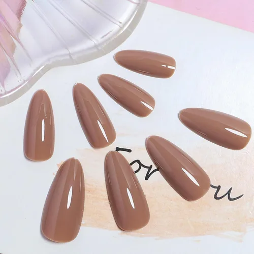 Miniatura 5 de Uñas postizas a presión marrón café, uñas postizas medianas de almendra, color sólido, cobertura completa, uñas postizas artificiales brillantes