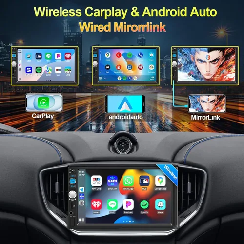 Miniatura 2 de Apple CarPlay inalámbrico y Android Auto, estéreo de coche doble DIN - Pantalla táctil IPS de 7", 1024*600, radio de coche FM, Bluetooth 5.2, 180W