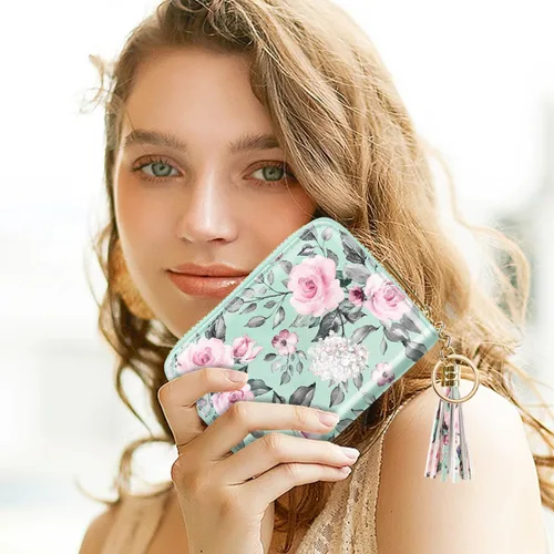 Miniatura 6 de Coco Rossi Billetera pequeña para tarjetas de crédito RFID con purpurina linda para mujer, C Flores verdes