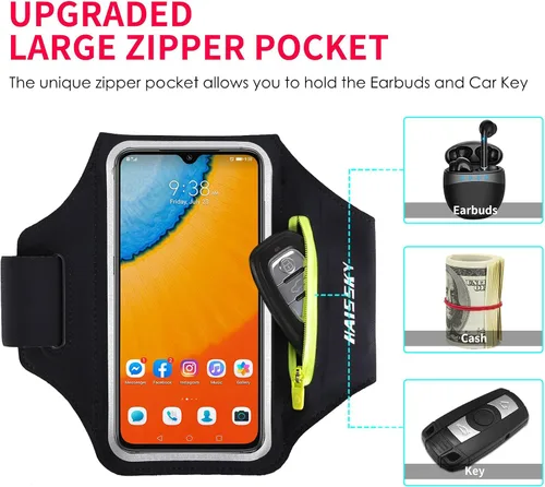 Miniatura 2 de Brazalete deportivo para teléfono móvil con bolsillo para auriculares. Para iPhone 16 15 Pro 14 Plus 13 11 XR XS, y Samsung Galaxy S24/S10. Negro