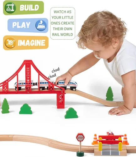 Miniatura 6 de Accesorios de vías de tren de madera, accesorios ferroviarios de tren, puente de tren de doble suspensión, juego de tren de juguete para niños