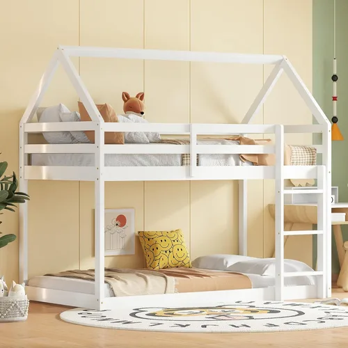 Miniatura 13 de Litera de tamaño individual sobre individual, litera de piso con escalera, barandillas de seguridad, literas de madera para camas individuales