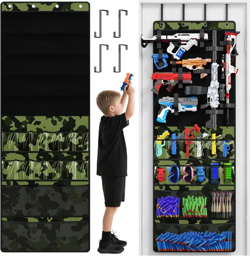 Organizador sobre la puerta para pistolas de juguete, organizador de almacenamiento de pistolas de juguete con bolsillos y ranuras para niños, Verde