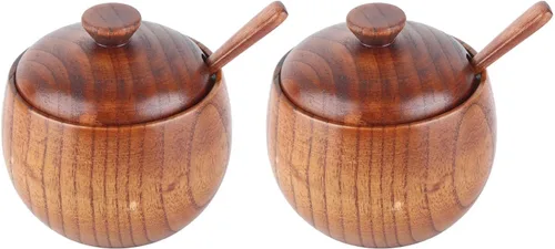 Miniatura 10 de Cuenco de madera para sal y pimienta, caja de especias con tapa, cuchara, sal, bodega, tazones para especias, soporte para azúcar de cocina