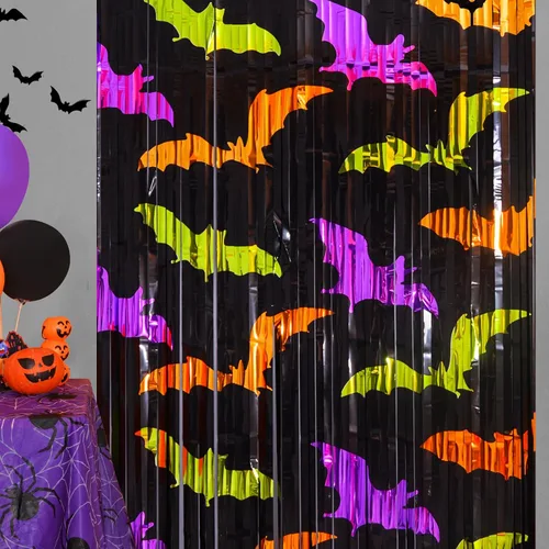Miniatura 10 de Mega-L - Decoraciones de fiesta de Halloween, paquete de 2 unidades, verde, naranja, morado, patrón de murciélago, accesorios para cabina de fotos
