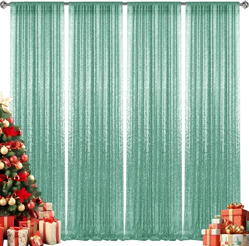 Miniatura 33 de 2 paneles de cortinas de fondo de lentejuelas verdes de 8 pies, cortinas de fondo de fotografía con purpurina para decoración de Navidad, boda